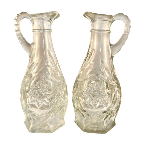 Vintage 1960S Pressed Glass Star Design Vinegar & Oil Cruet Set Clear Crystal He - Picture 1 of 8